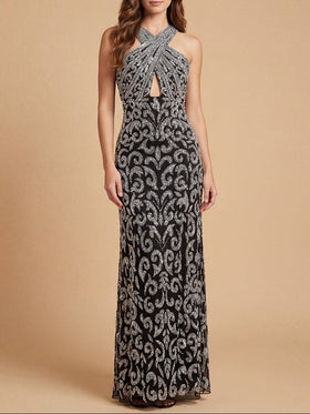 Lara 9922 Cross Halter Beaded Gown with Keyhole