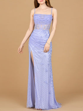 Lara 9923 Blue Iris Square Neck Beaded Corset Gown with Slit