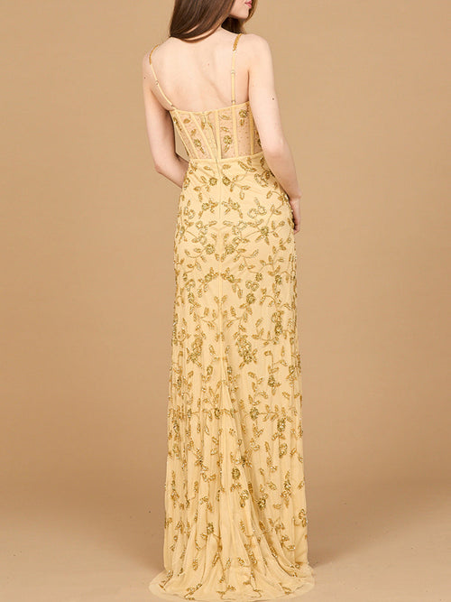 Beaded Corset Gown with Slit