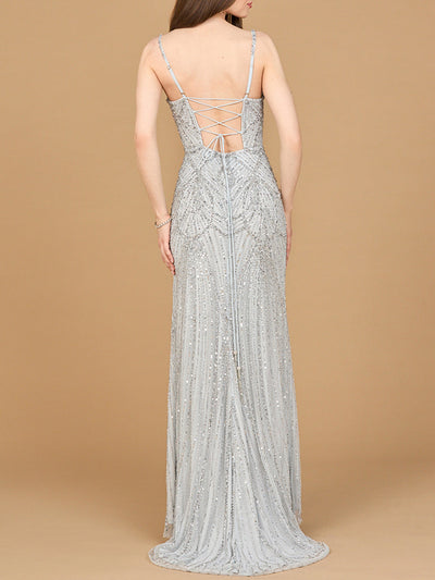 Beaded Lace-up Dress with Slit
