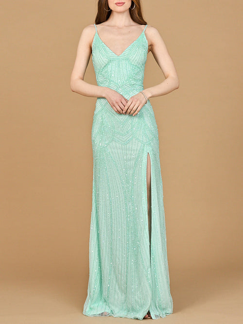 Beaded Lace-up Dress with Slit