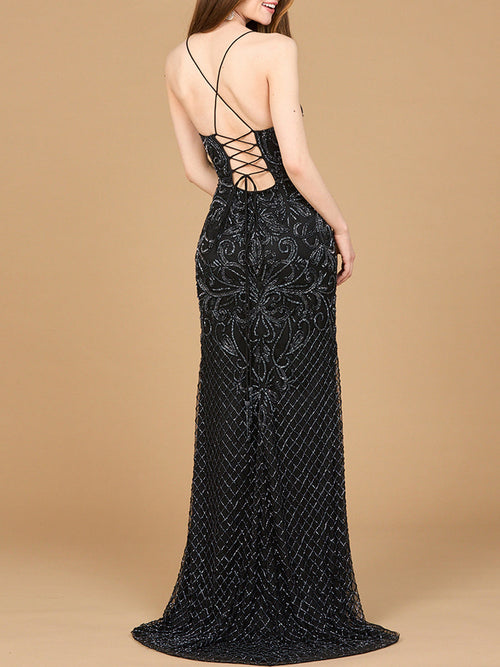 Lara 9930 Lace Up Open Back Beaded Prom Dress