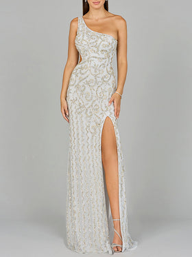 Lara 9947 Silver One Shoulder Beaded Gown with Slit