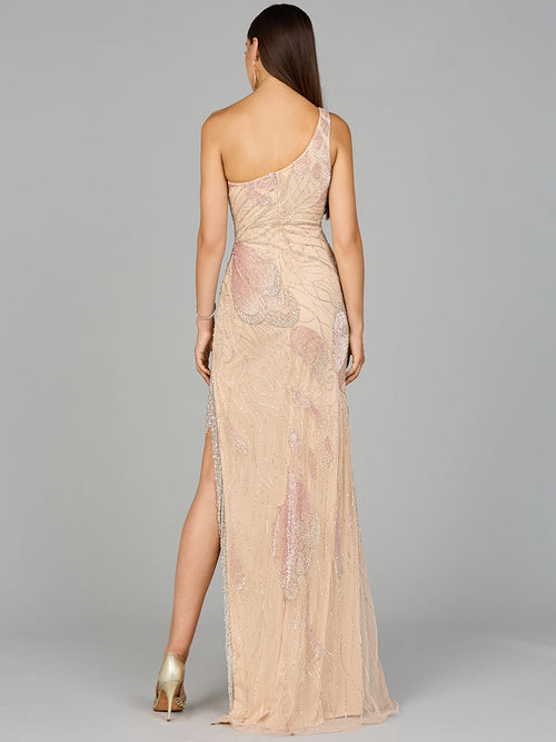 One Shoulder Beaded Gown with Fringe Slit