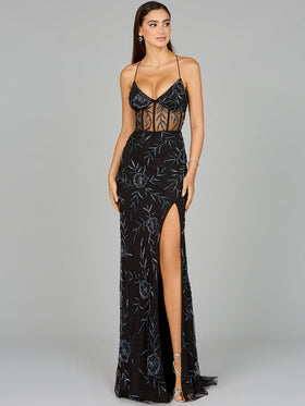 Lara 9951 Sexy Beaded Evening Dress Corset Sheer Open Back Prom Gown
