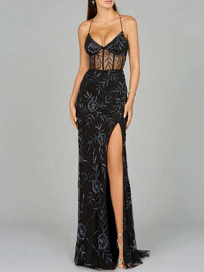 Lara 9951 Sexy Beaded Evening Dress Corset Sheer Open Back Prom Gown