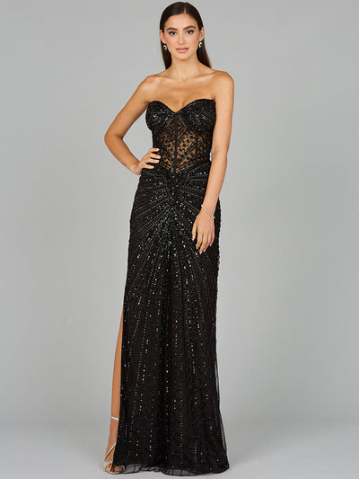 Lara 9953 Sweetheart Beaded Prom Dress Strapless Sheer Slit Evening Gown
