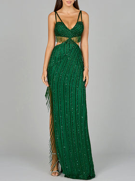 Lara 9957 Sweetheart Cutout Beaded Evening Gown with Fringe