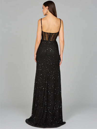 Lara 9960 Elegant Corset Sequin Evening Gown with Slit
