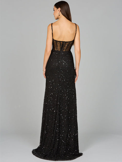 Lara 9960 Elegant Corset Sequin Evening Gown with Slit