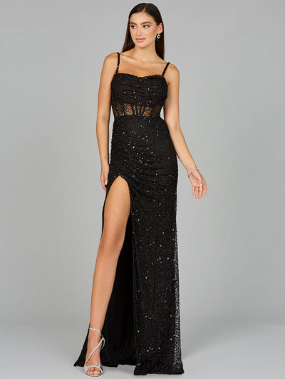 Lara 9960 Elegant Corset Sequin Evening Gown with Slit