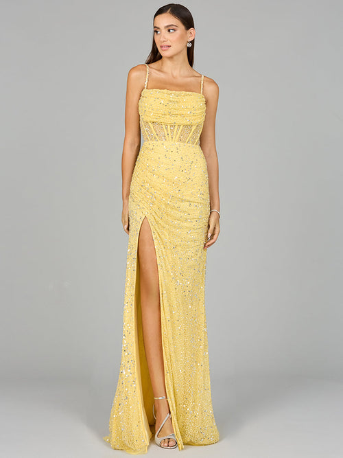 Lara 9960 Elegant Corset Sequin Evening Gown with Slit