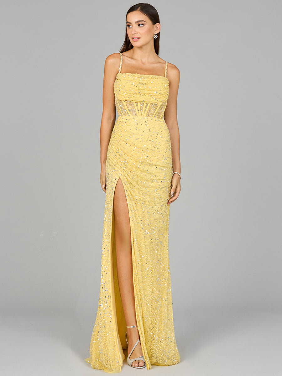 Lara 9960 Elegant Corset Sequin Evening Gown with Slit