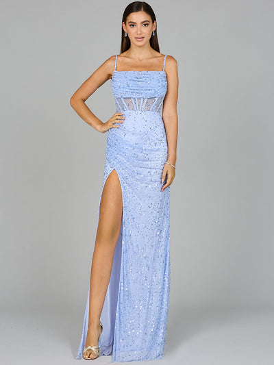 Lara 9960 Elegant Corset Sequin Evening Gown with Slit