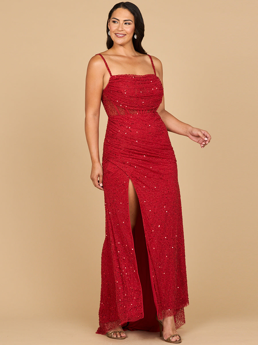 Lara 9960 Elegant Corset Sequin Evening Gown with Slit