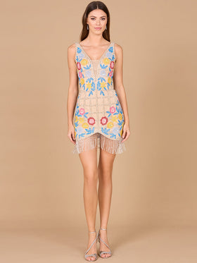 Lara 9965 Nude/Multi Floral Beaded Fringe Mini Dress