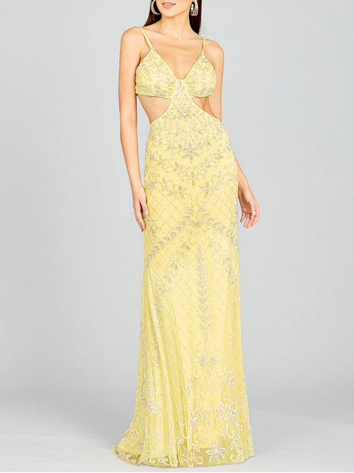 Lara 9989 Spaghetti Straps Sexy Cut Out Beaded Prom Gown