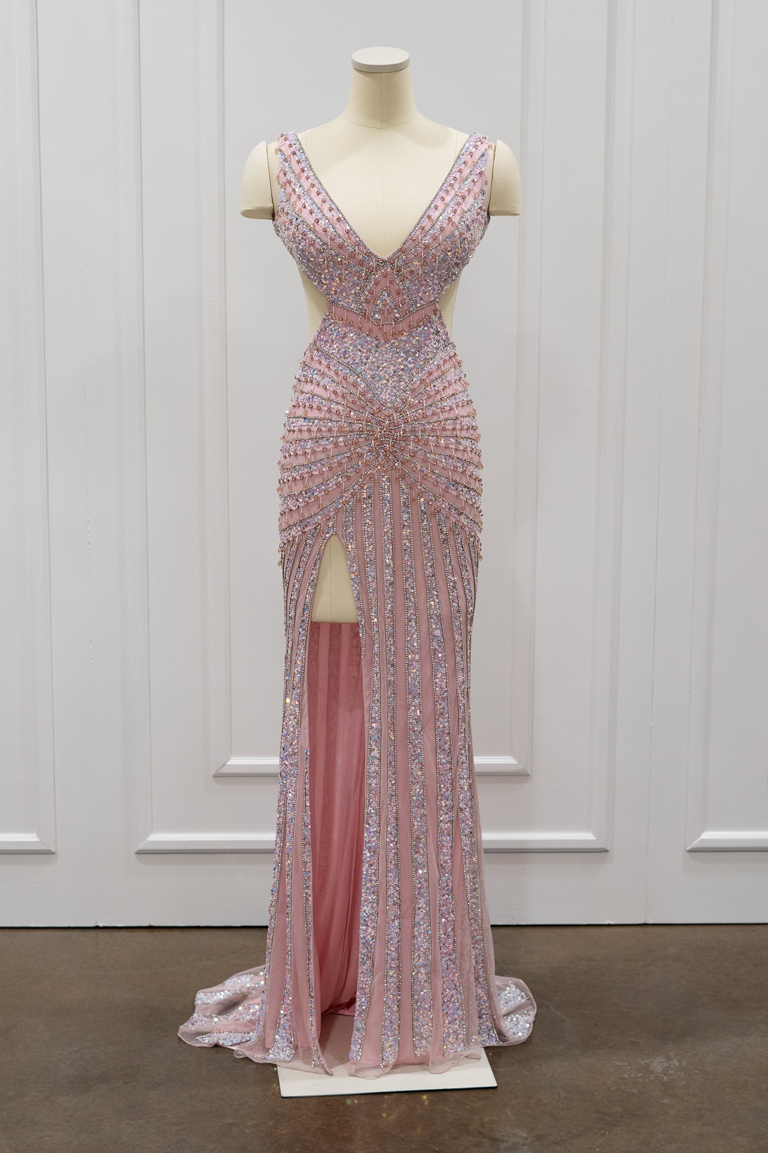 Sleeveless V-Neck Stripe Beaded Side Cutout Open Back Fitted Dress by Portia & Scarlett PS25453C