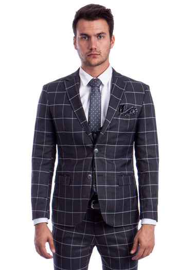 Traje de hombre de corte entallado con chaleco de dos botones en cuadros escoceses grises y blancos llamativos