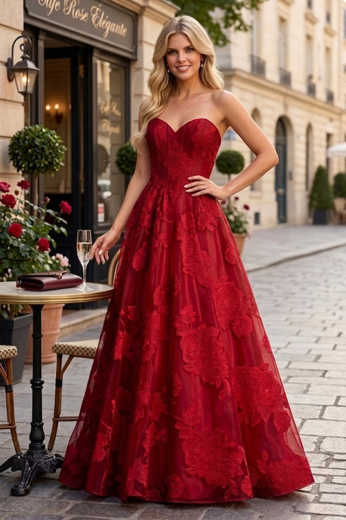 Strapless Floral Organza A-line Gown with Corset Bodice Sweetheart Formal Prom Dress by Jovani 47327