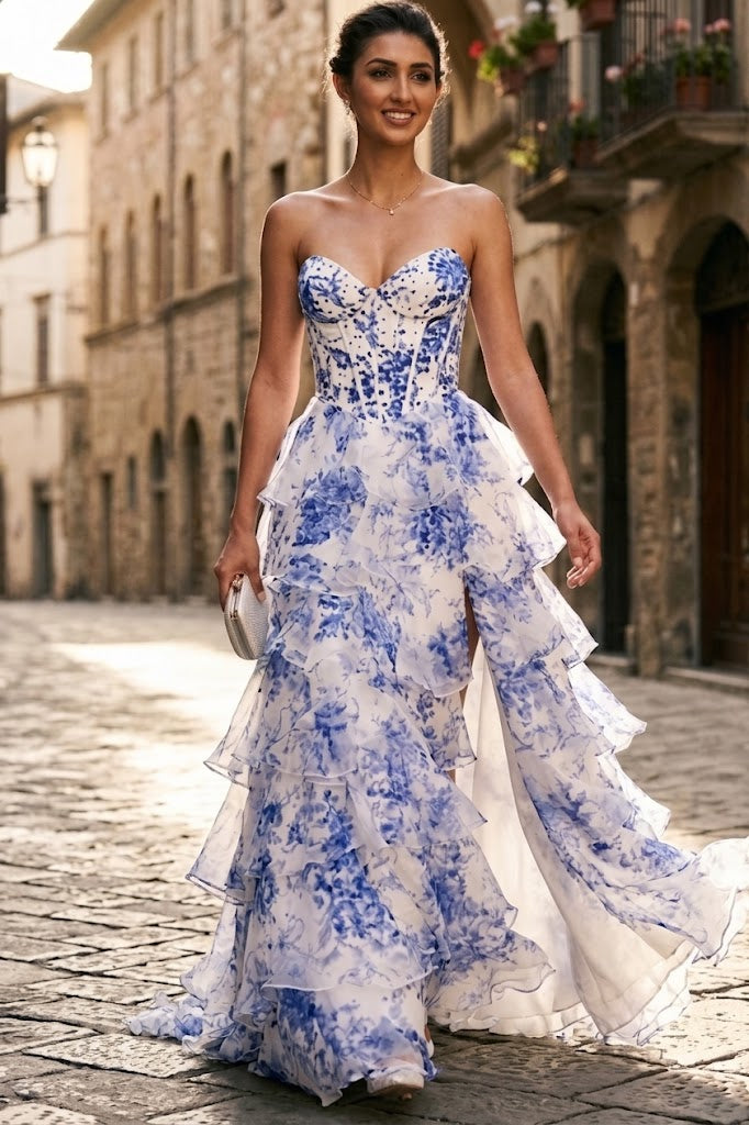 Floral Print Strapless Ruffle A-line Tiered Wedding Guest Dress with Lace-Up Back By Amelia Couture 2060