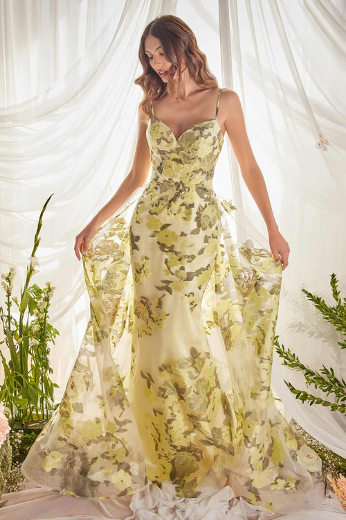 Andrea & Leo A0770 Floor Length Sheath Organza Print Formal Gown