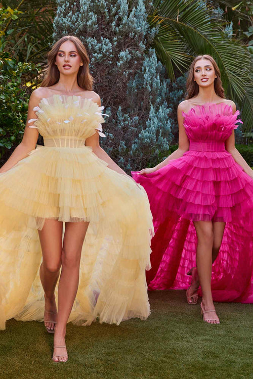 Andrea & Leo A1240 High-Low Ruffled Tiered Tulle Gown with Feather Details