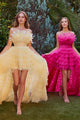Andrea & Leo A1240 High-Low Ruffled Tiered Tulle Gown with Feather Details