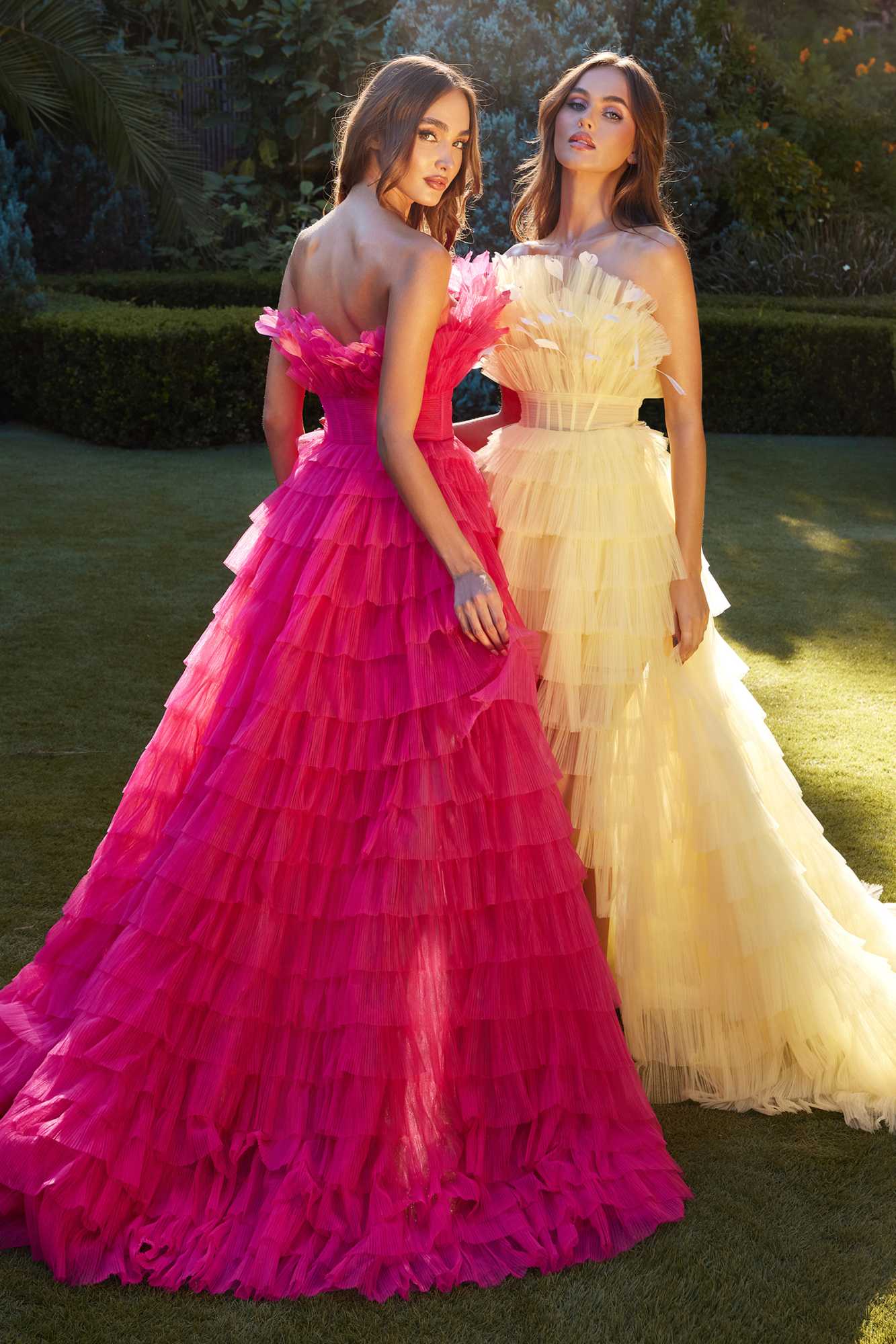 Andrea & Leo A1240 High-Low Ruffled Tiered Tulle Gown with Feather Details