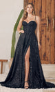 Glamuroso vestido largo negro de lentejuelas con cintura corsé – A1241