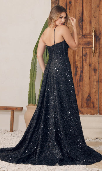 Glamuroso vestido largo negro de lentejuelas con cintura corsé – A1241