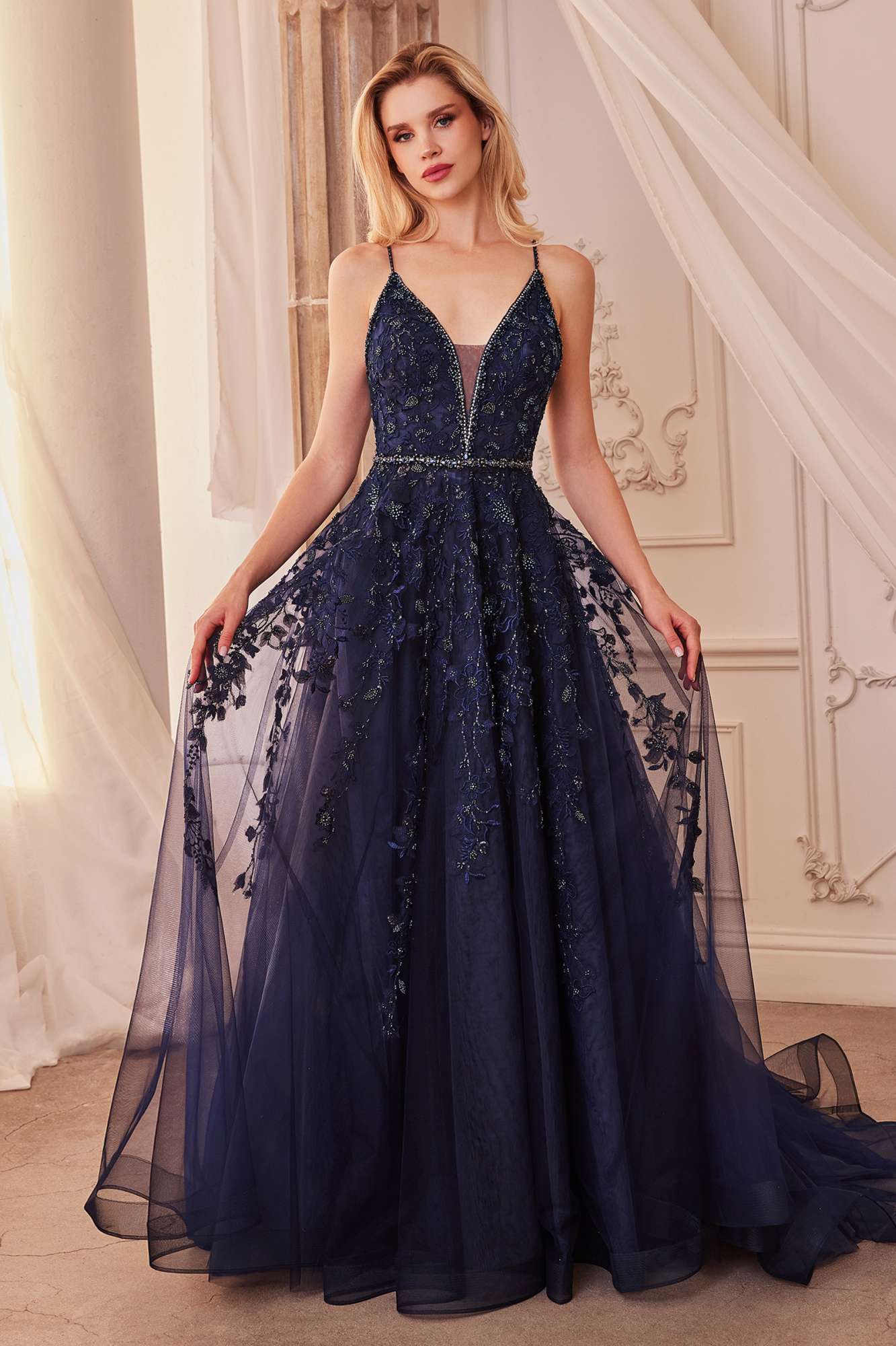 Andrea & Leo A1251 Navy Blue Lace Gown