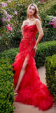 Andrea & Leo A1255 Long Strapless Lace and Tulle Mermaid GownAndrea & Leo A1255 Long Strapless Lace and Tulle Mermaid Gown - red