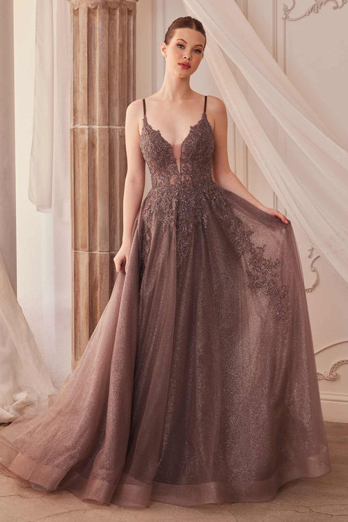 Andrea & Leo Long Lace Embellished A-Line Tulle Gown