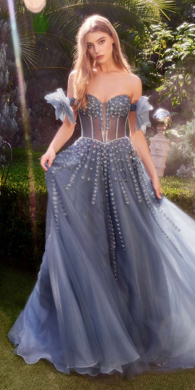 Andrea & Leo A1338 Long Strapless Beaded Gown with Bow Arm Bands