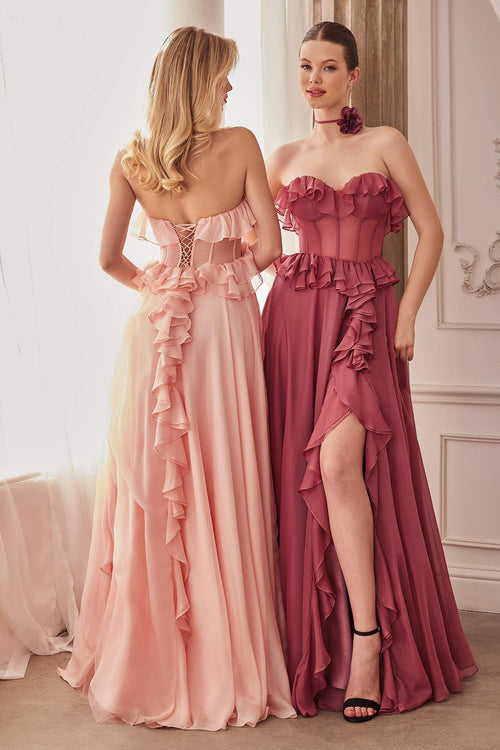 Andrea & Leo A1341 Long Strapless Chiffon Ruffle Dress