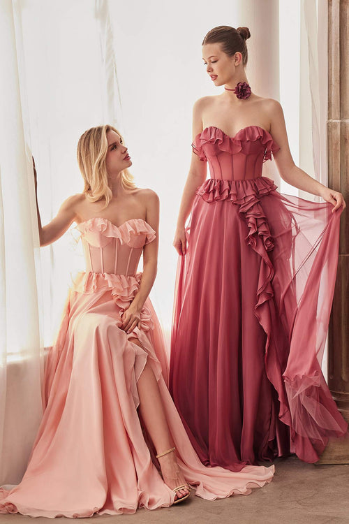 Andrea & Leo A1341 Long Strapless Chiffon Ruffle Dress
