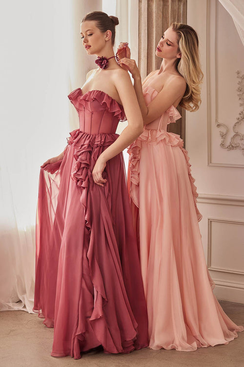 Andrea & Leo A1341 Long Strapless Chiffon Ruffle Dress