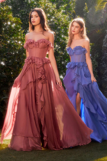 Andrea & Leo A1341 Long Strapless Chiffon Ruffle Dress