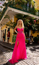 Vestido de fiesta largo A1384 con corsé transparente y cola lateral