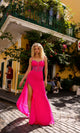 Vestido de fiesta largo A1384 con corsé transparente y cola lateral