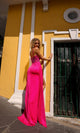 Vestido de fiesta largo A1384 con corsé transparente y cola lateral
