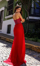 Vestido de fiesta largo A1384 con corsé transparente y cola lateral