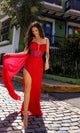 Vestido de fiesta largo A1384 con corsé transparente y cola lateral