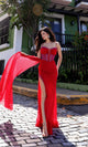 Vestido de fiesta largo A1384 con corsé transparente y cola lateral