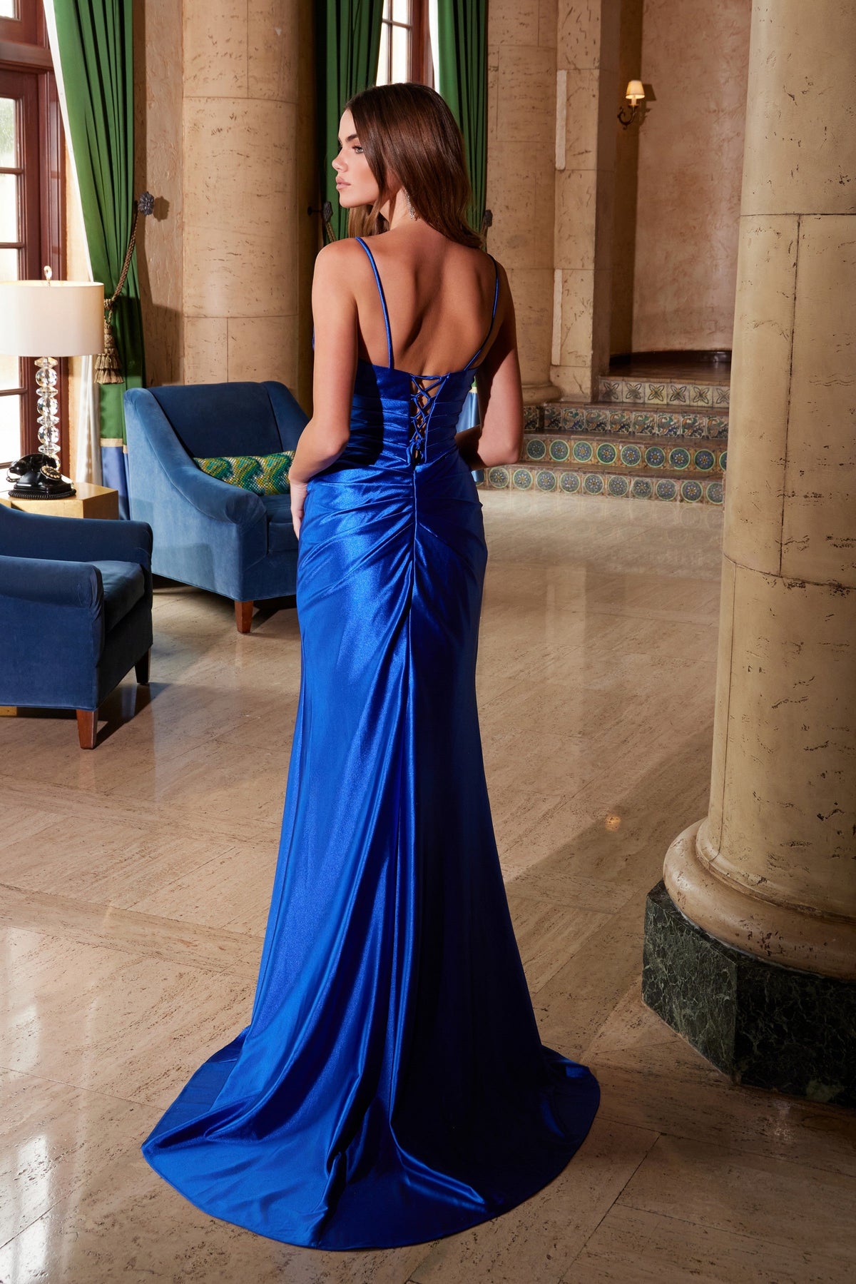Nox Anabel A1588 V-Neck Satin Mermaid Long Evening Gown with Lace-Up Detail