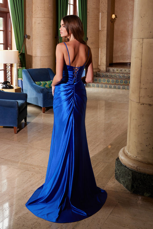 Nox Anabel A1588 V-Neck Satin Mermaid Long Evening Gown with Lace-Up Detail