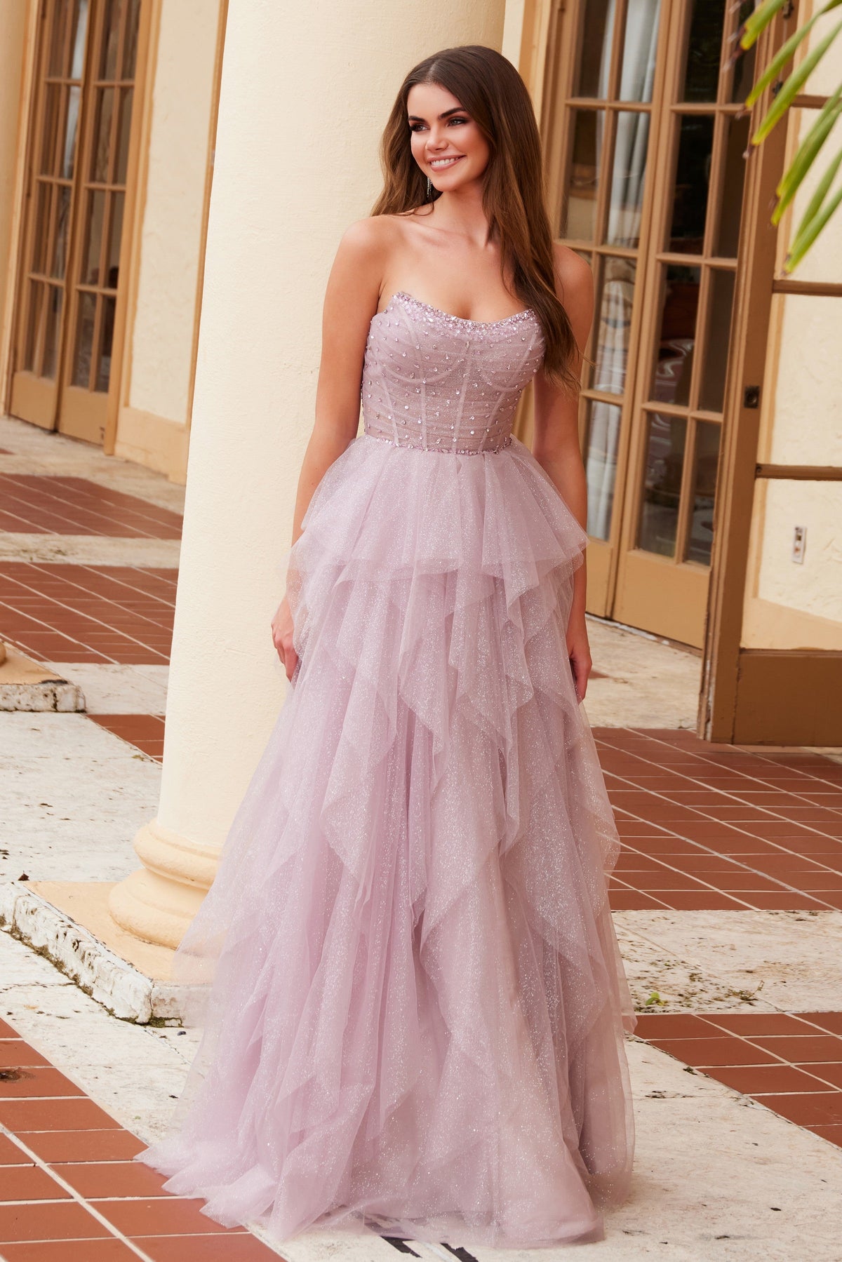 Nox Anabel A1591 Strapless Beaded A-Line Long Corset Evening Gown with Slit