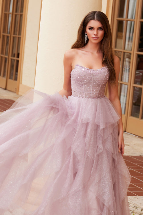 Nox Anabel A1591 Strapless Beaded A-Line Long Corset Evening Gown with Slit