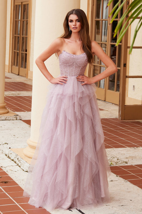 Nox Anabel A1591 Strapless Beaded A-Line Long Corset Evening Gown with Slit